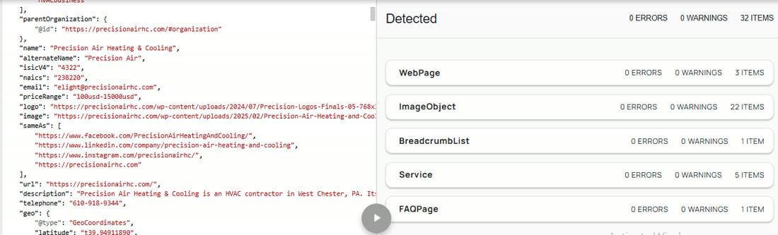Structured data markup with detected schema types for an HVAC site