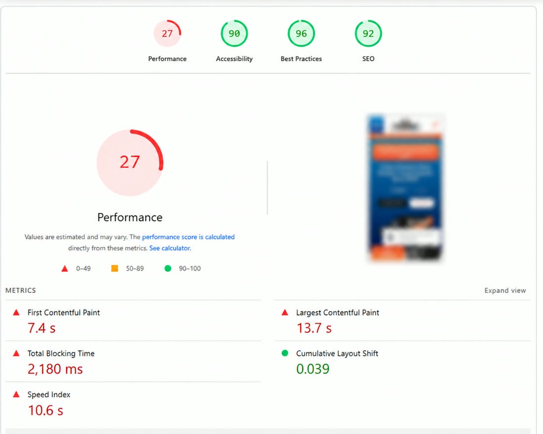 PageSpeed Insights report with Core Web Vitals scores for an HVAC website