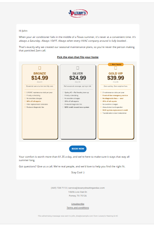 Lexany’s Heating & AC seasonal maintenance plan email