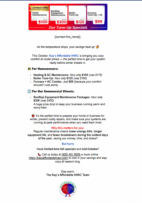 Kay’s Affordable HVAC fall tune-up specials email