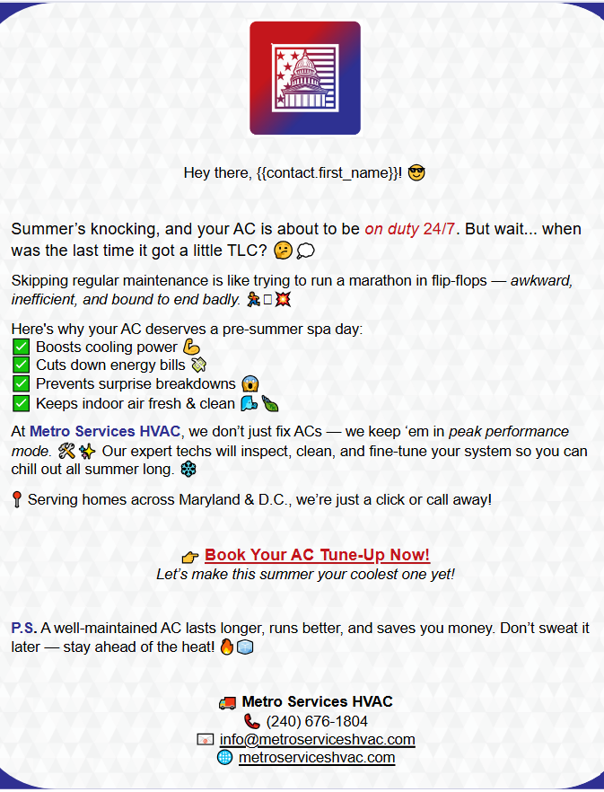 Metro Services HVAC pre-summer AC tune-up email