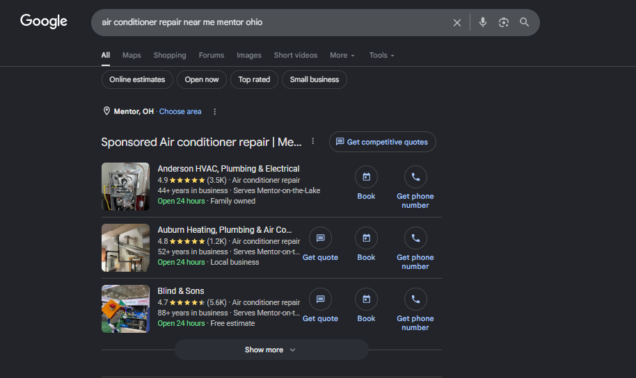 Real LSA backend leads table showing job type, search intent, location, lead type, and charge status