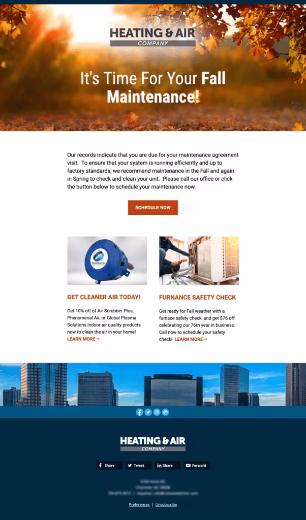 Email marketing campaign from Heating & Air Company promoting fall maintenance services with offers on air quality products and furnace safety checks.