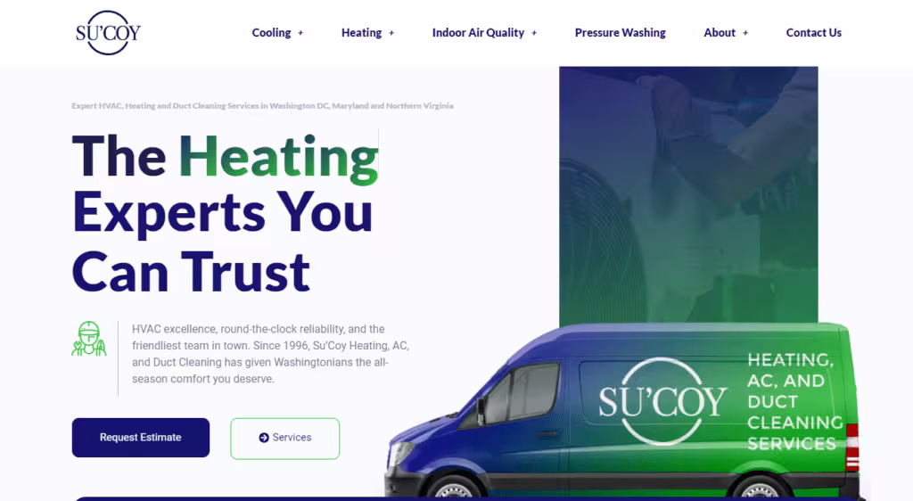 RS Gonzales Client-Su'Coy HVAC website homepage with a headline 'The Heating Experts You Can Trust' and a branded service van.