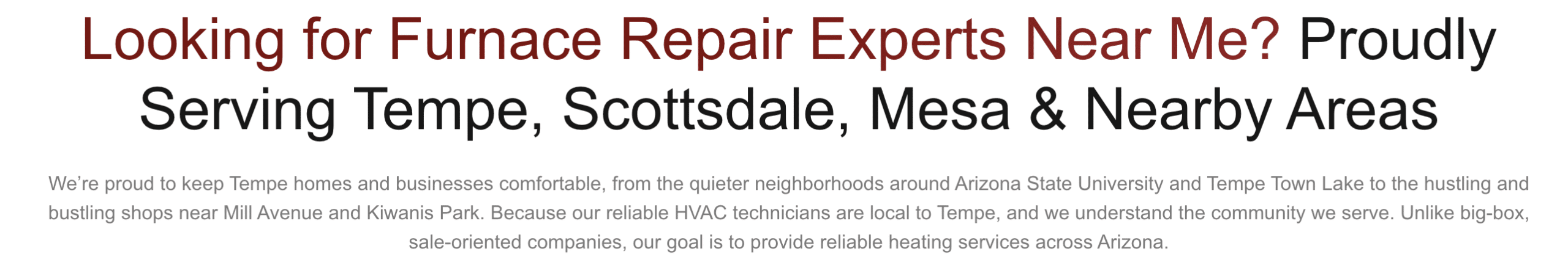 Page heading targeting furnace repair searches across Tempe, Scottsdale and Mesa