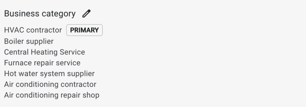 Google Business Profile categories with HVAC contractor set as the primary category
