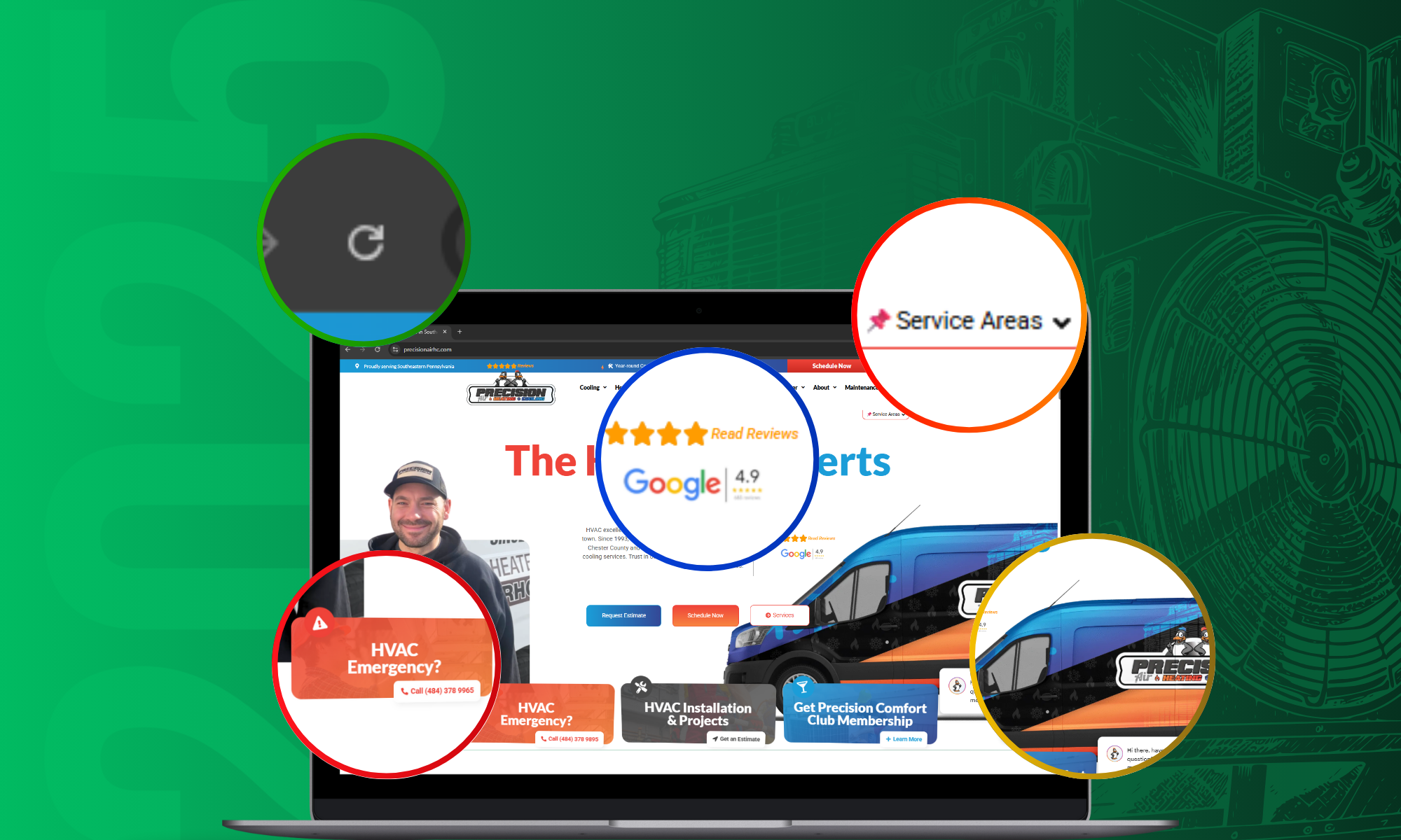 Laptop displaying an HVAC contractor website with highlighted features including service areas, customer reviews, and emergency contact options, set against a green background with a faint HVAC system illustration.