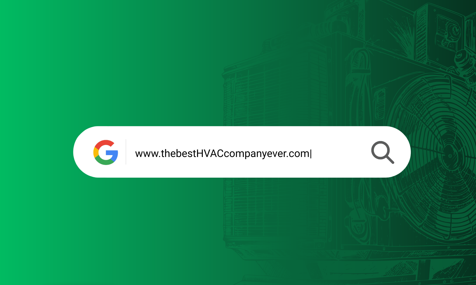 Search bar displaying "www.thebestHVACcompanyever.com" with HVAC equipment illustration in the background, emphasizing HVAC branding and domain selection for SEO.