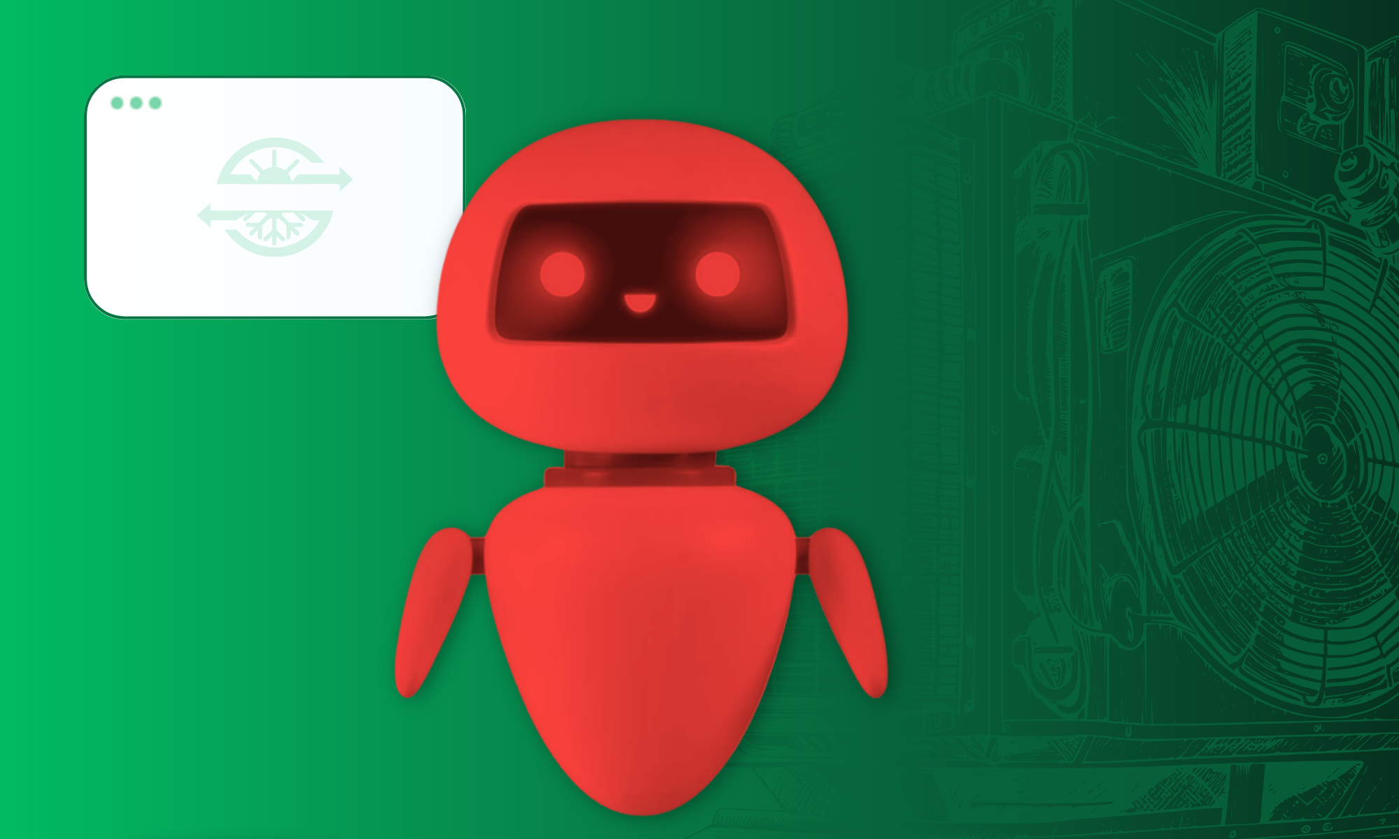 Red robot character with a friendly expression, set against a green background featuring HVAC equipment illustrations, symbolizing AI integration in HVAC marketing and SEO strategies.