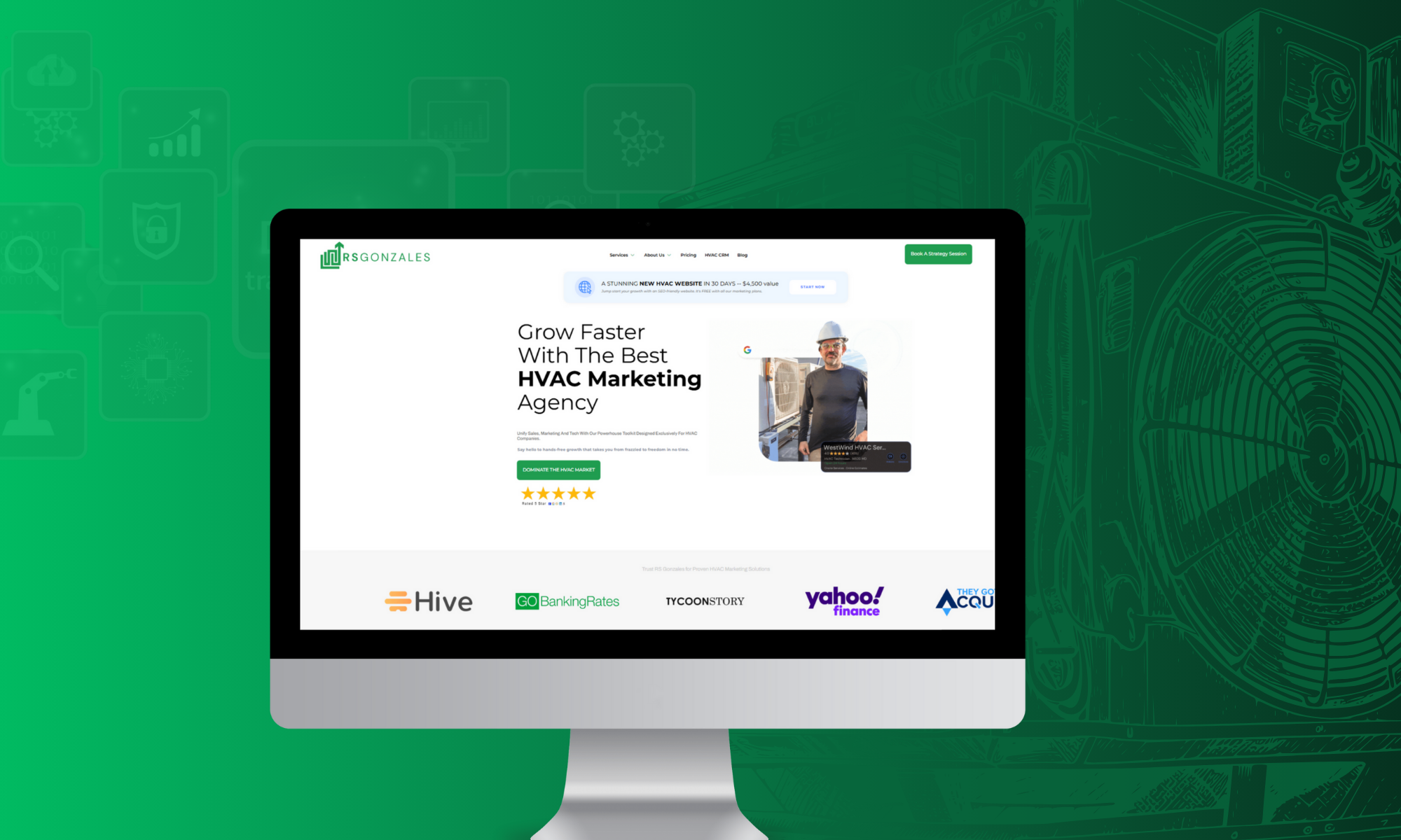 HVAC marketing agency website interface showcasing services, client testimonials, and branding elements, emphasizing growth strategies for HVAC contractors.