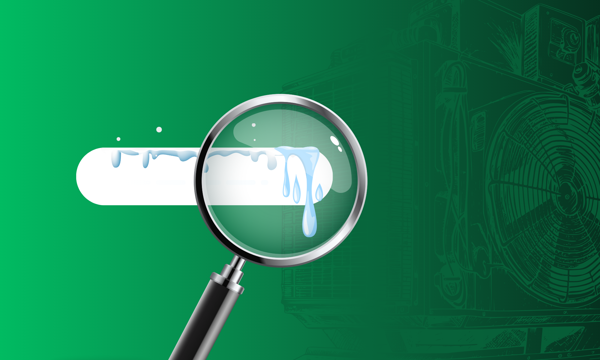 Magnifying glass focusing on a dripping water pipe with an HVAC unit illustration in the background, representing HVAC maintenance and seasonal SEO strategies.
