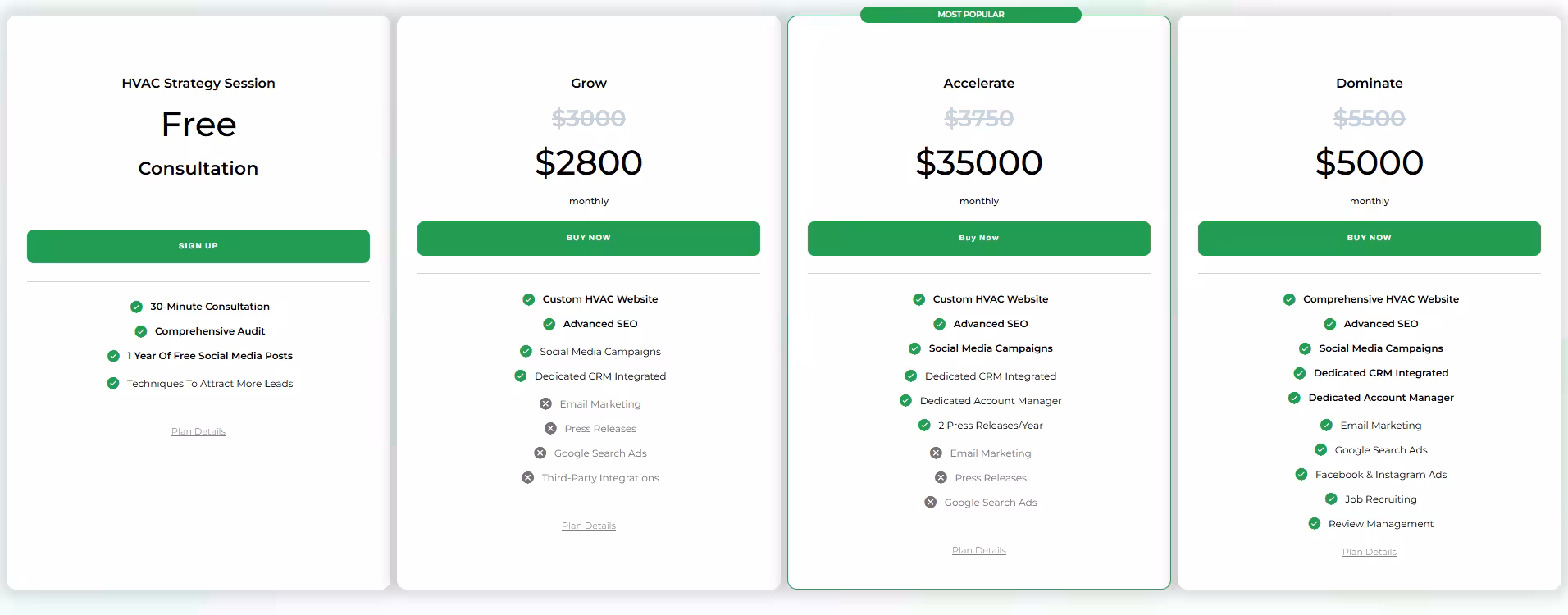 HVAC marketing plan pricing table with strategy session, Grow, Accelerate and Dominate tiers