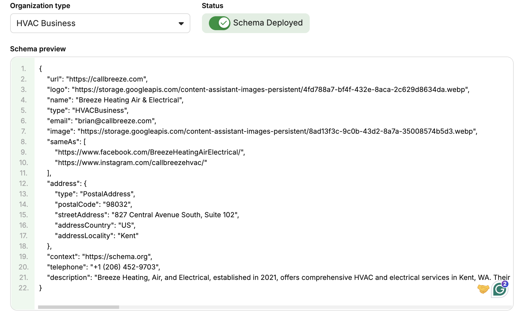Schema tool showing a deployed HVACBusiness JSON-LD preview for Breeze Heating, Air & Electrical