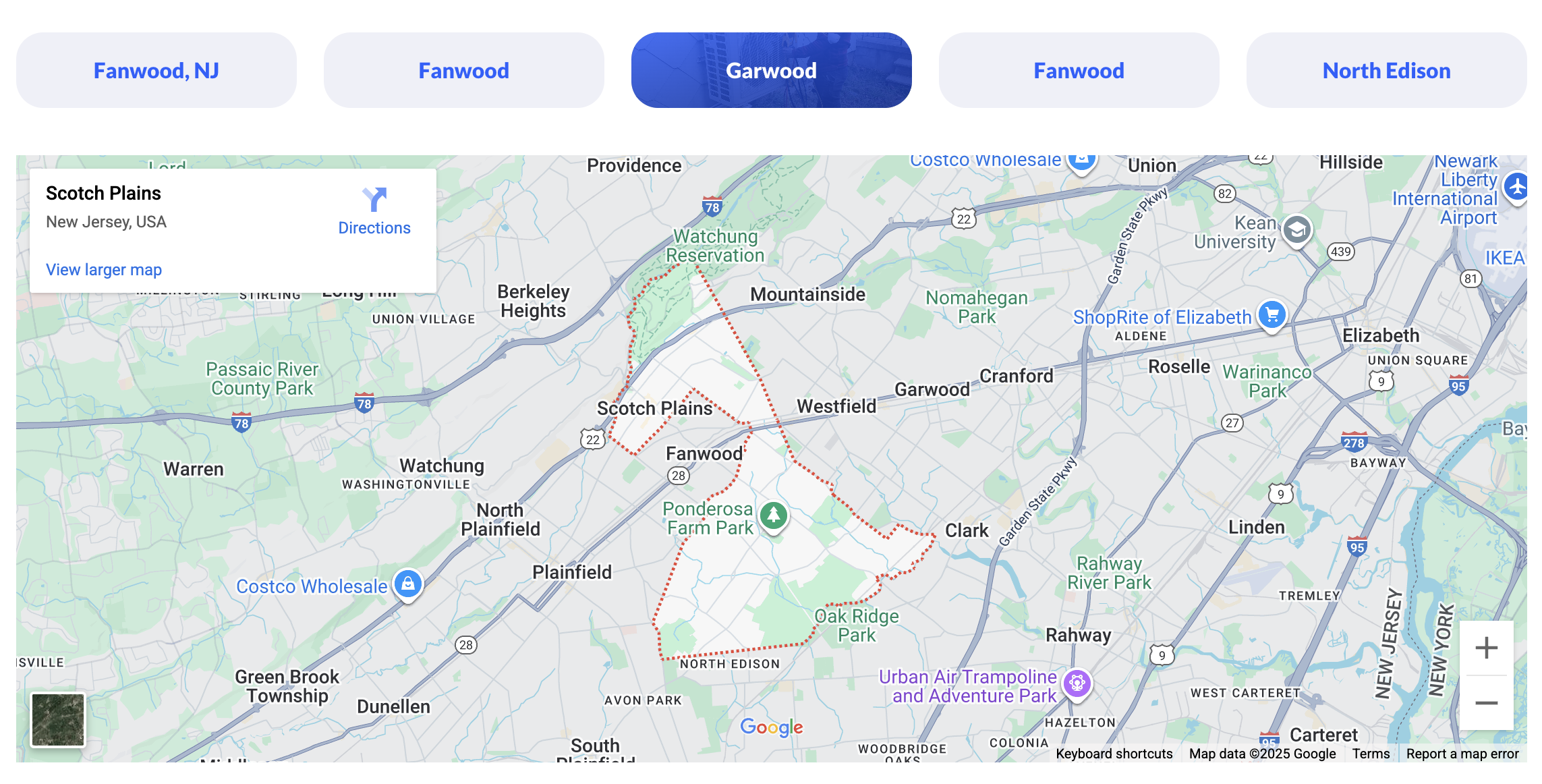 Service-area page with New Jersey city tabs above an embedded Google map of the Fanwood area
