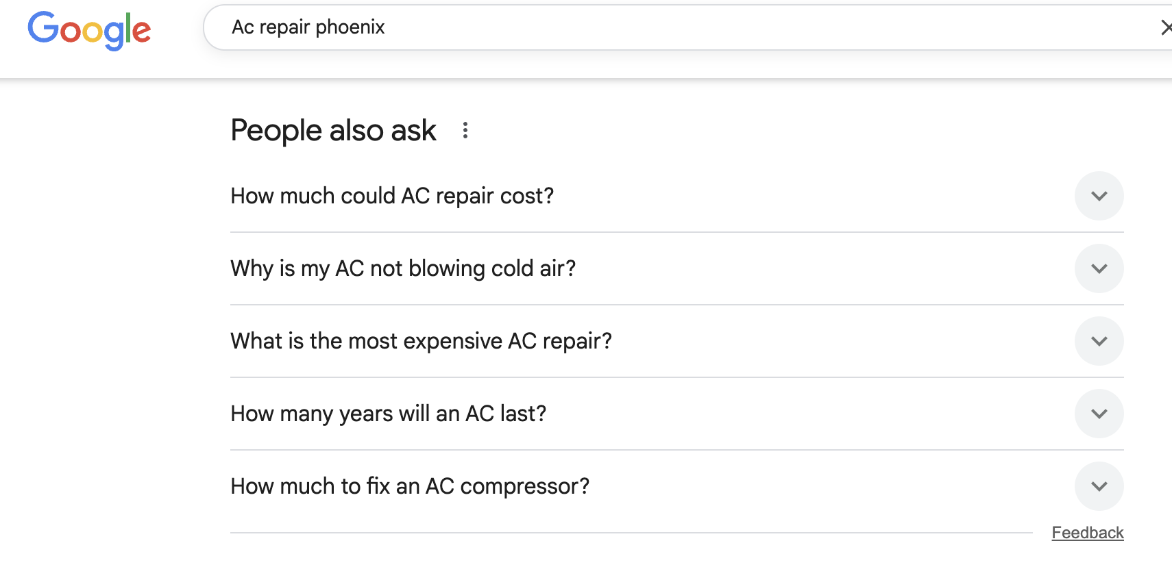 Google People Also Ask results for the search 'ac repair phoenix'