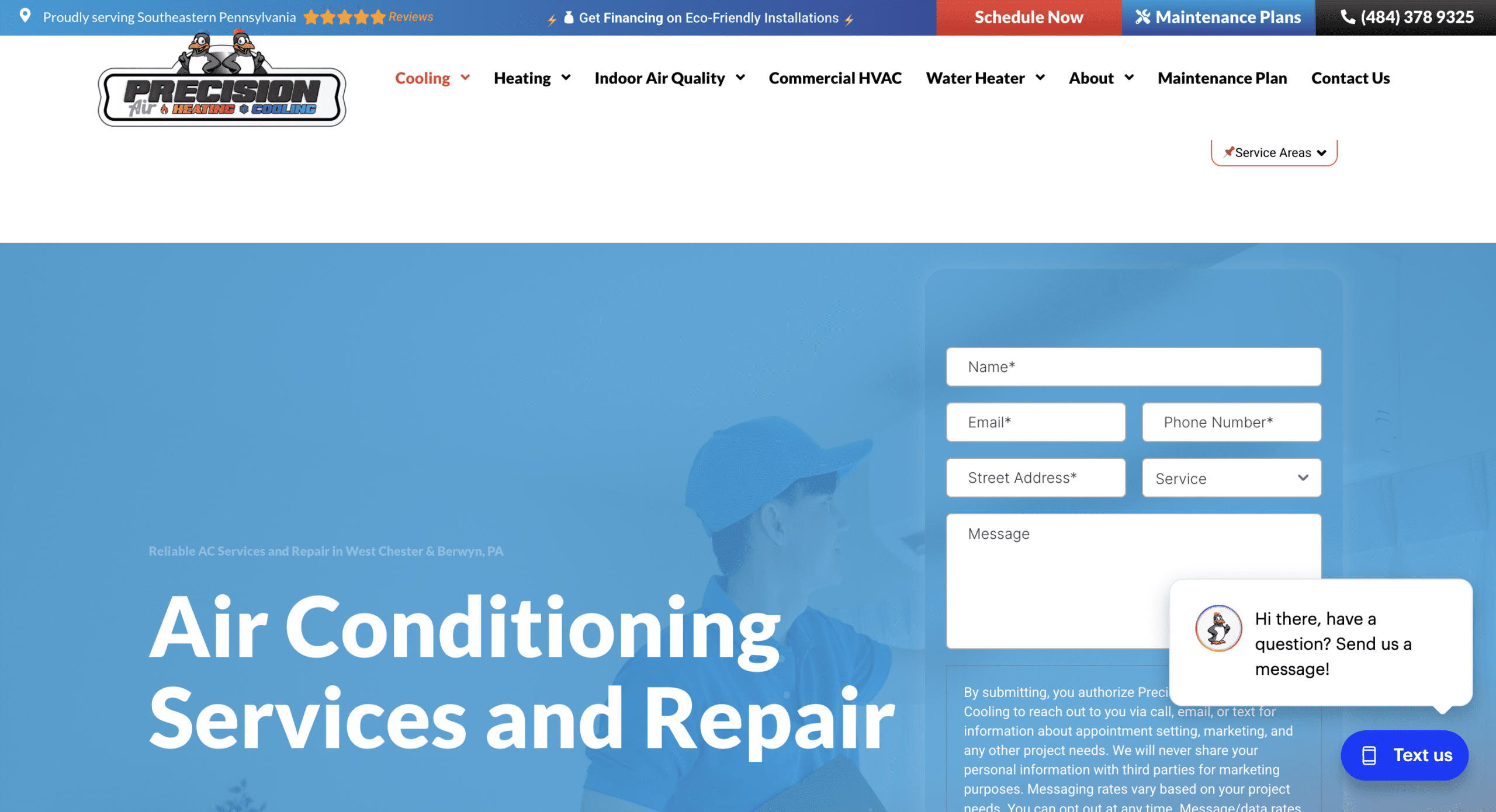 HVAC service page hero with an inline estimate form on the Precision Air website