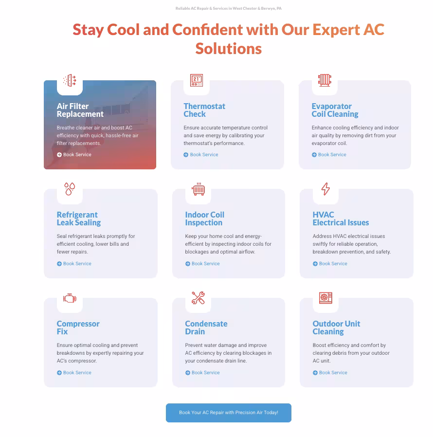 Grid of nine AC service cards, from air filter replacement to outdoor unit cleaning