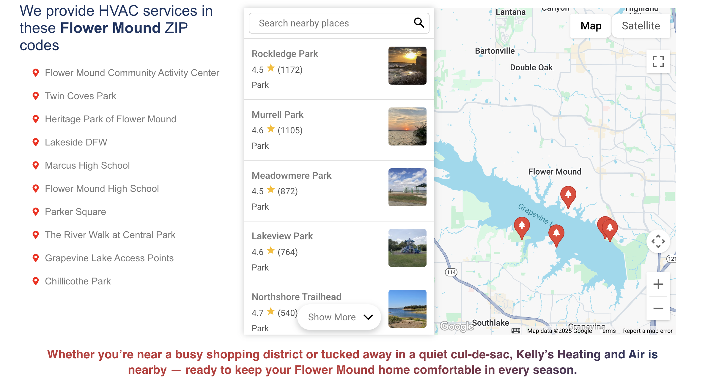 Flower Mound ZIP code and landmark list beside a Google map of the service area