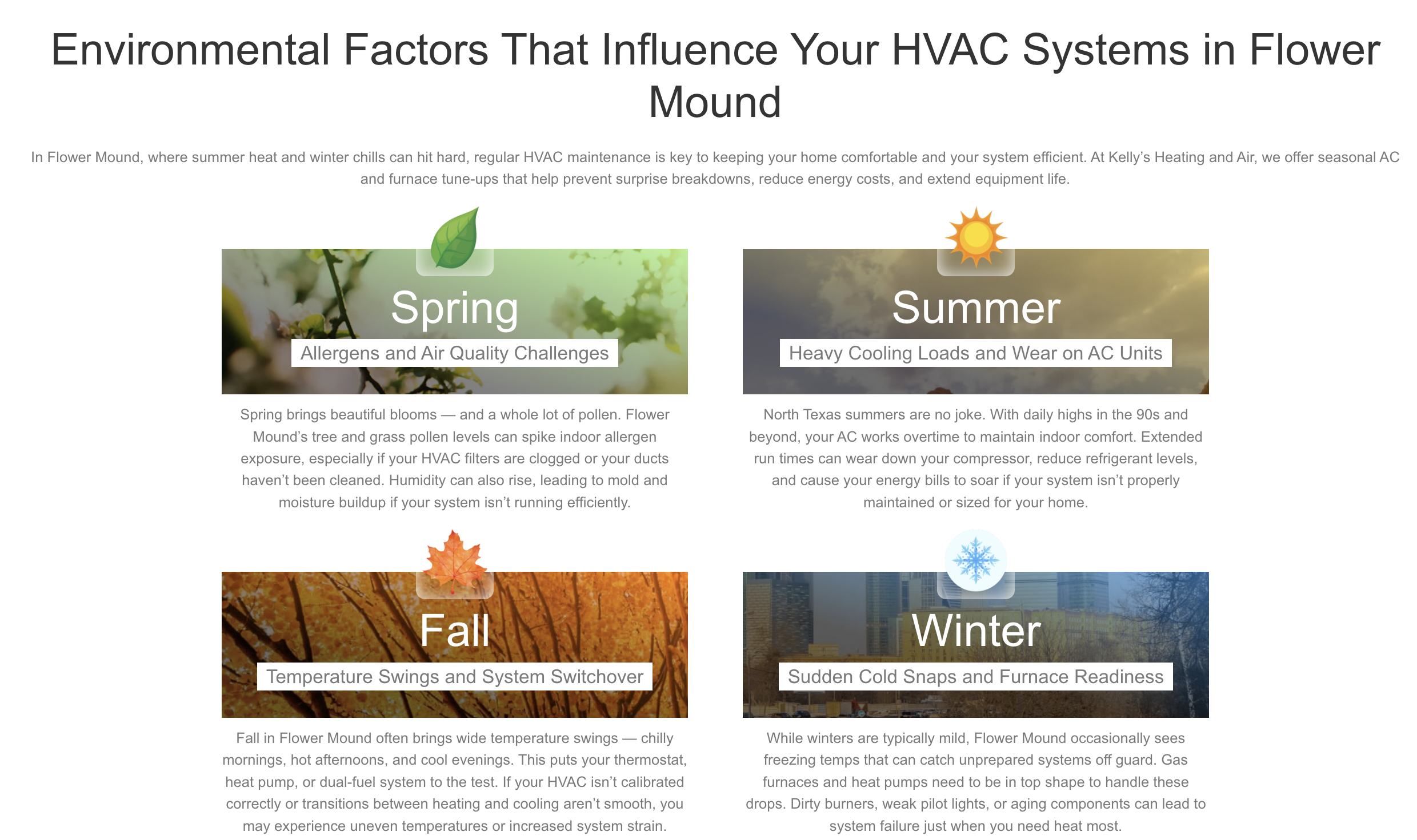 Seasonal HVAC content section for Flower Mound with spring, summer, fall and winter cards