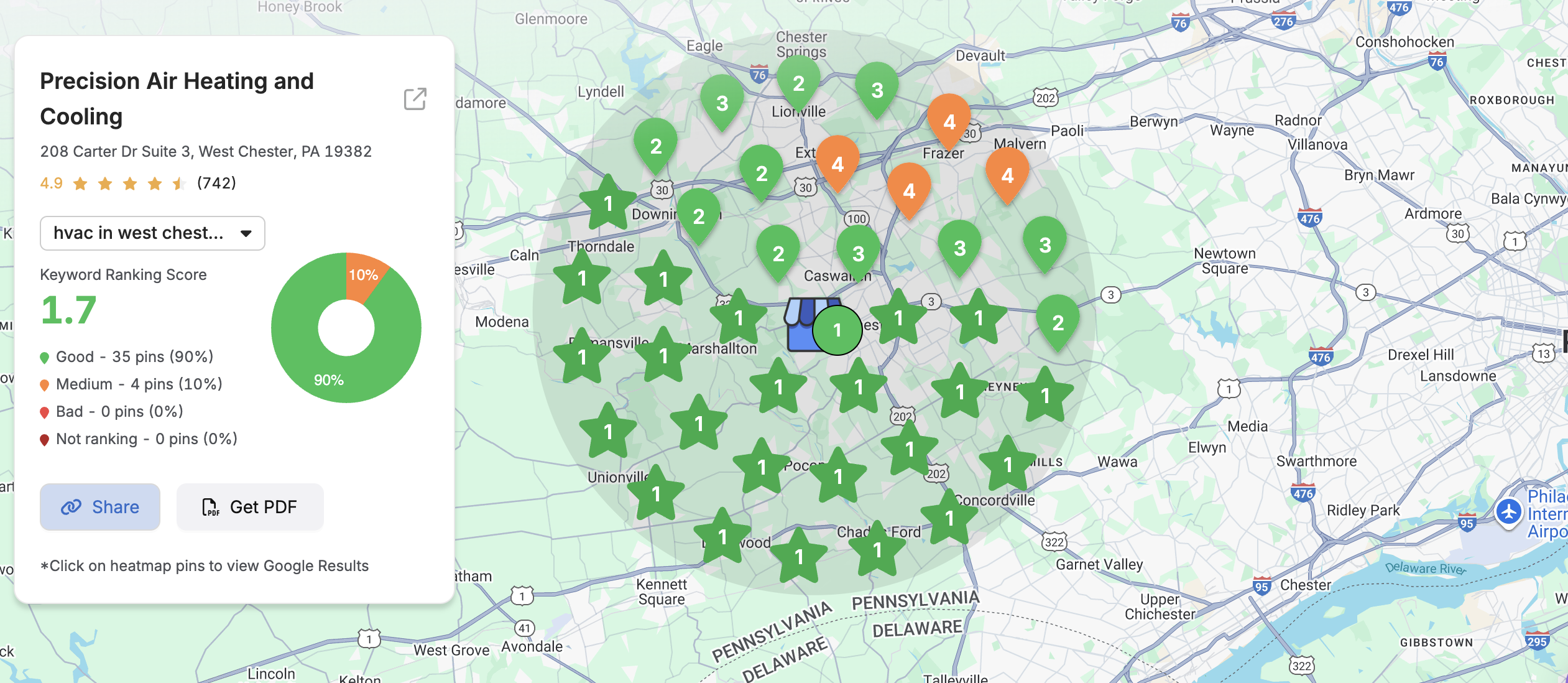 Local rank heatmap for Precision Air Heating and Cooling with 90% of grid pins rated good