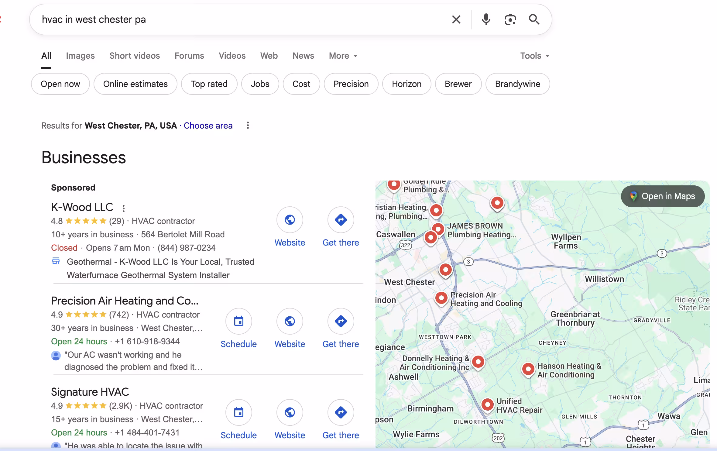 Google results for 'hvac in west chester pa' showing the local business pack and map