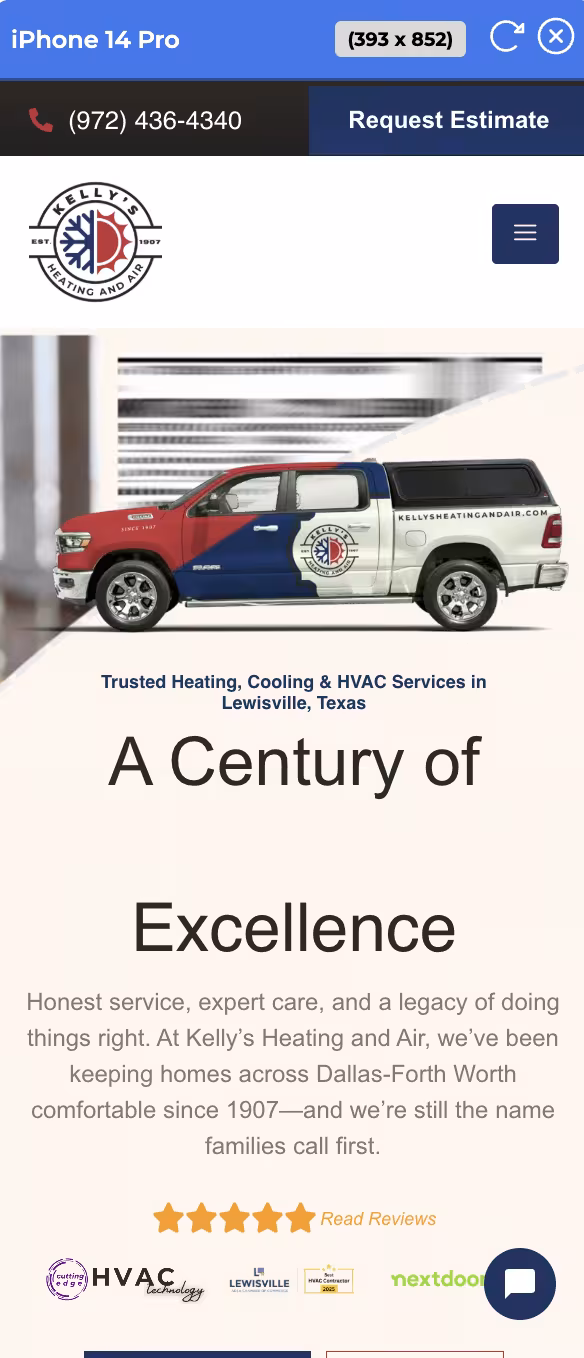 Mobile preview of the Kelly's Heating and Air site at an iPhone 14 Pro viewport
