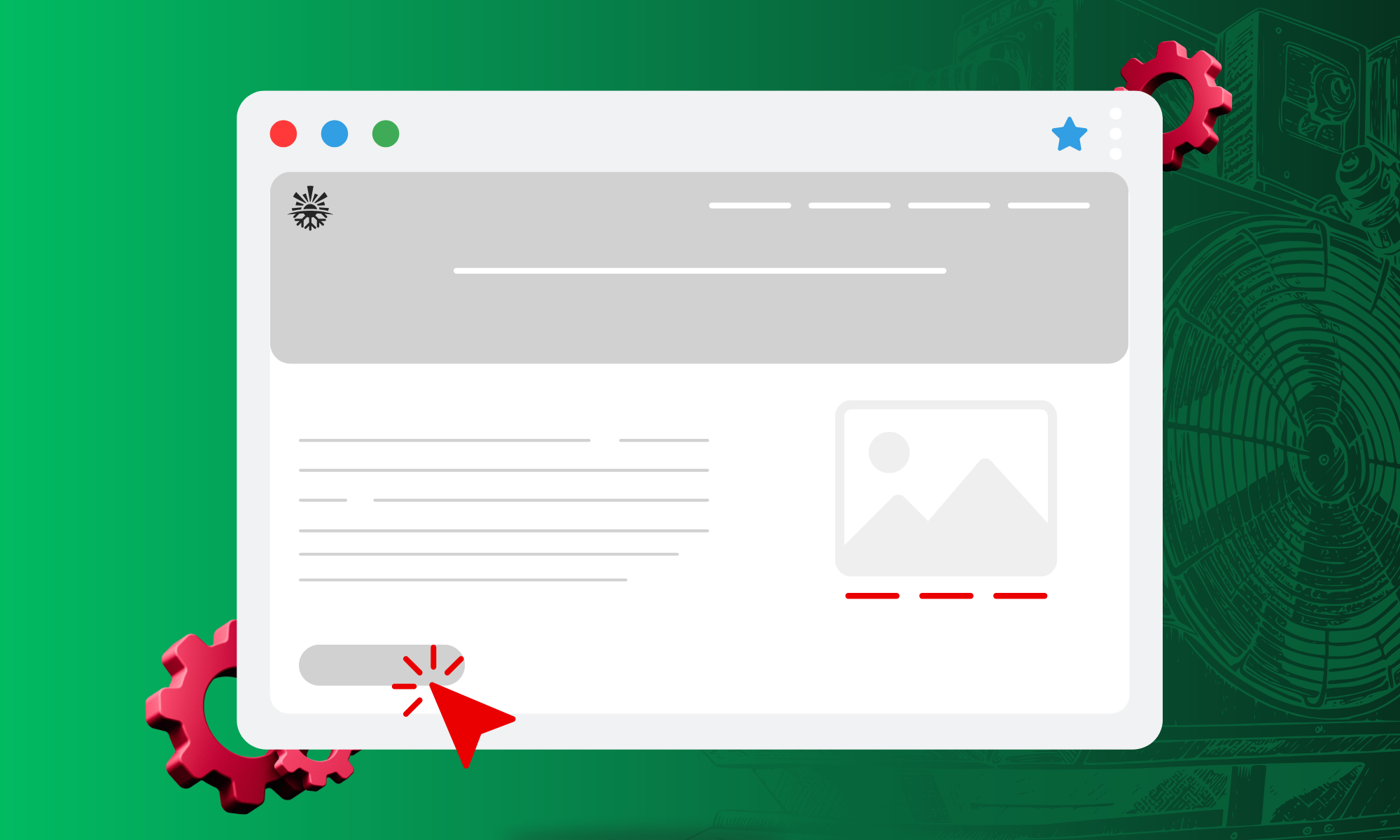 Digital illustration of a web browser interface with a highlighted button and gear icons, symbolizing HVAC marketing strategies and digital engagement.