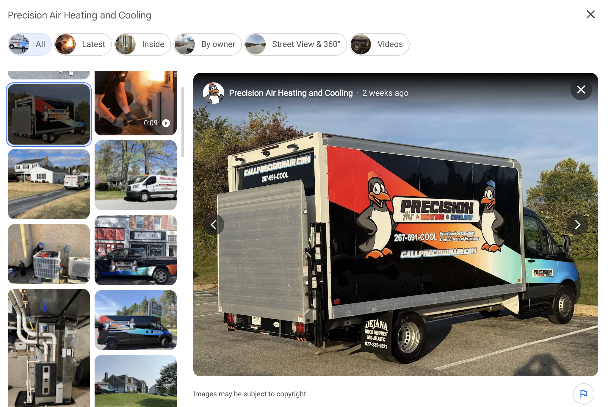Google Business Profile photo gallery showing Precision Air's branded service truck