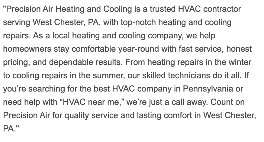 An optimized Google Business Profile description for Precision Air Heating and Cooling