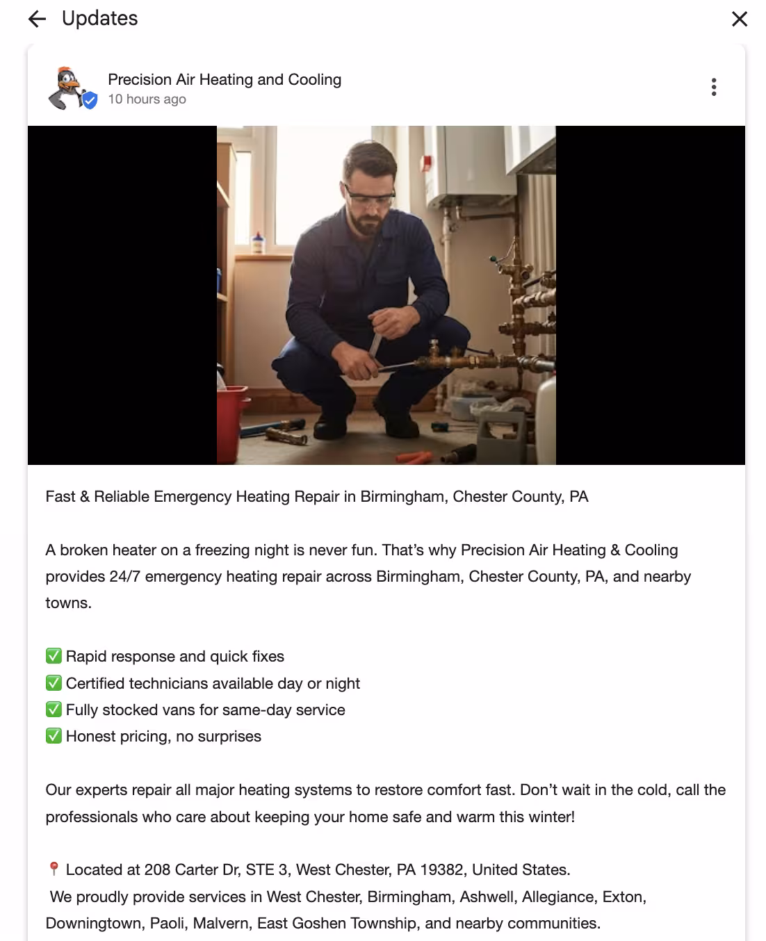 Google Business Profile update post about 24/7 emergency heating repair in Chester County, PA