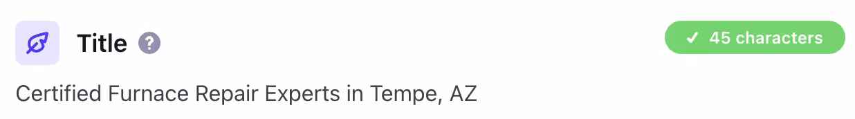 SEO title field showing a 45-character title, 'Certified Furnace Repair Experts in Tempe, AZ'
