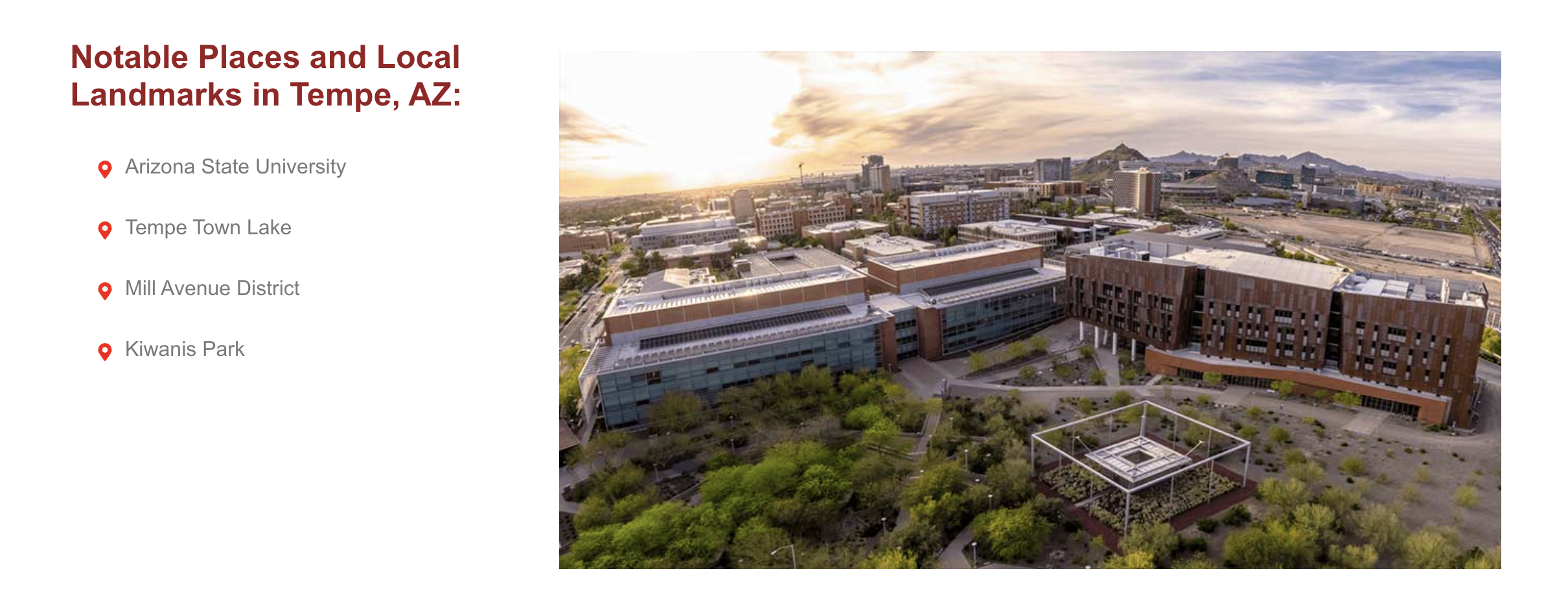 Local landmarks list for Tempe, AZ beside an aerial photo of Arizona State University