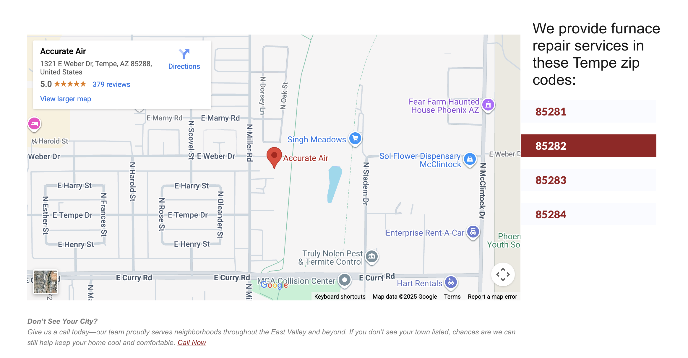 Google map of Accurate Air in Tempe beside the ZIP codes it serves