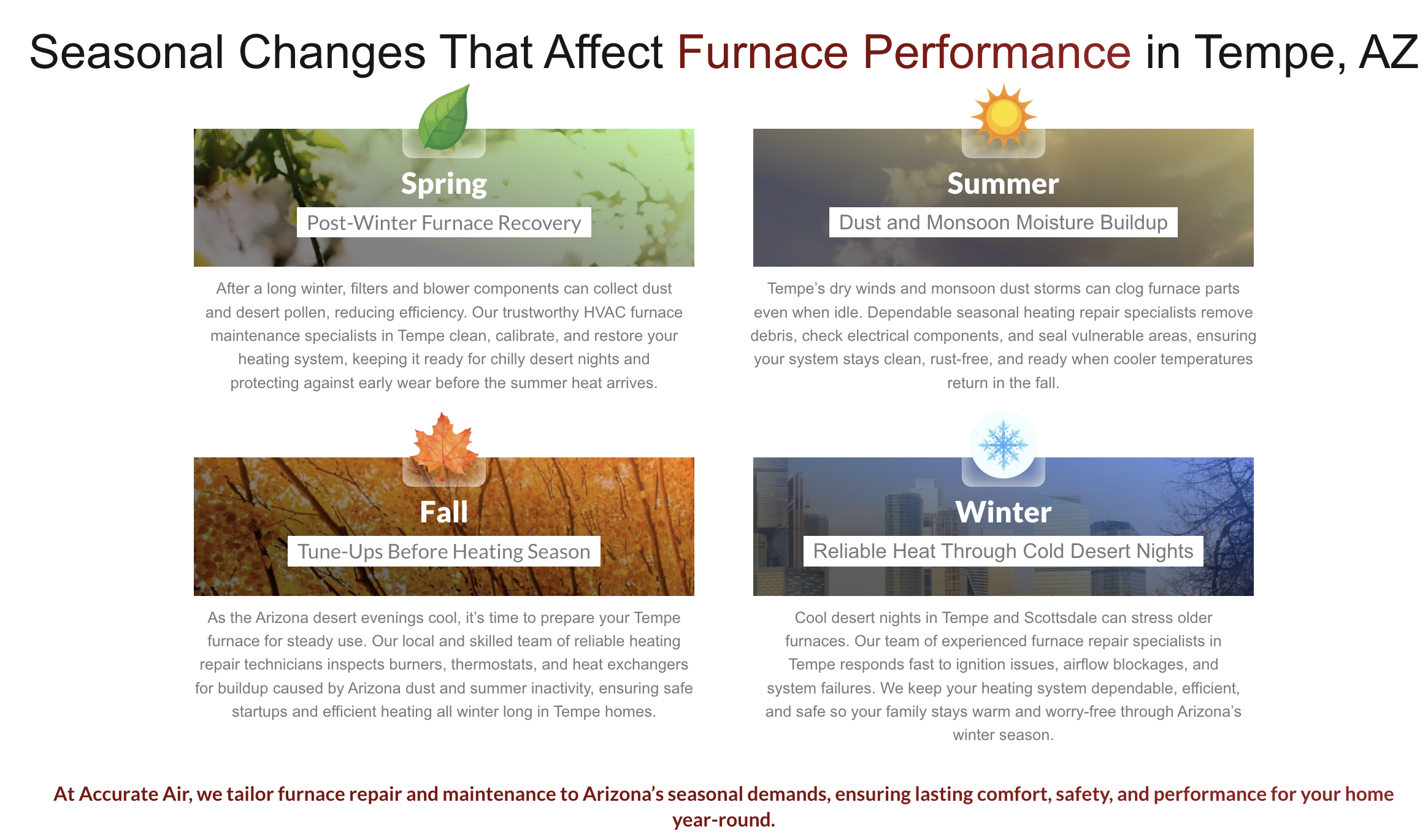 Seasonal furnace content section for Tempe, AZ with spring, summer, fall and winter cards