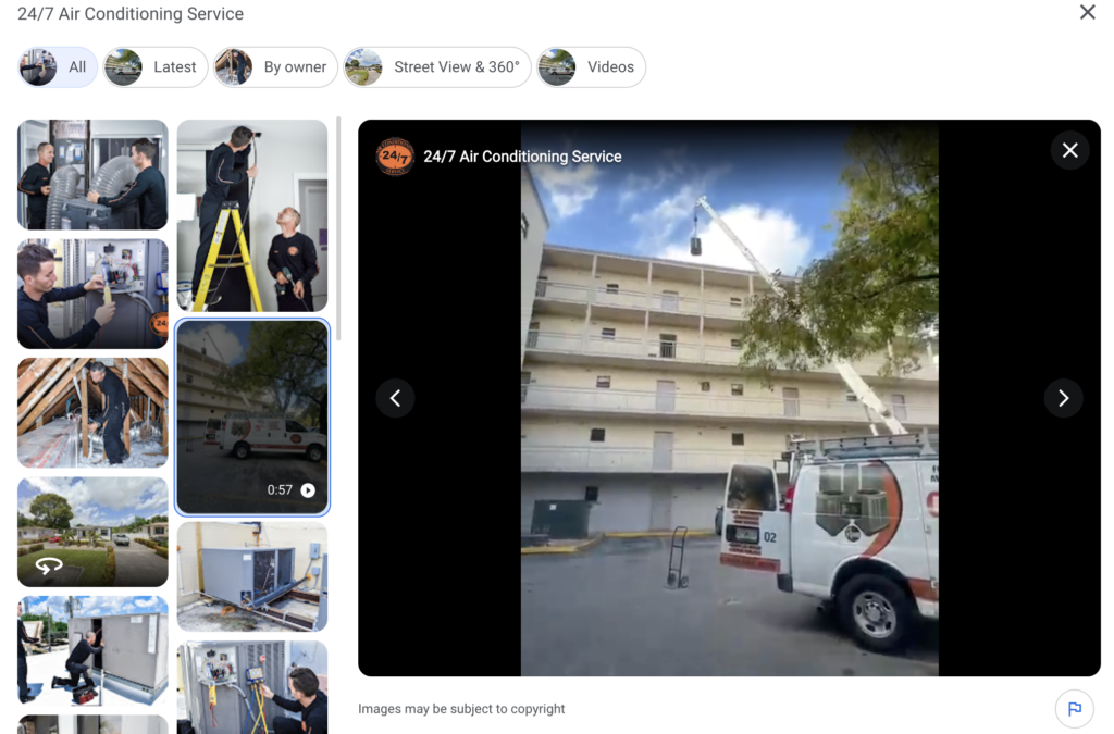 Google Business Profile photo gallery for 24/7 Air Conditioning Service showing technicians and a service van
