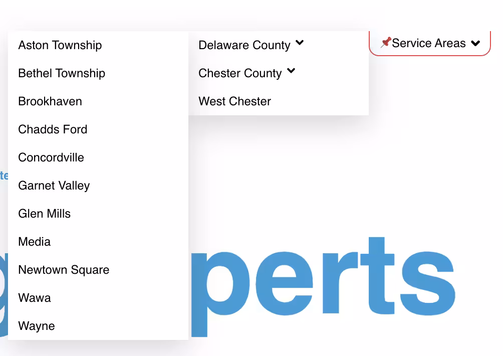 Website service-areas menu listing Delaware County and Chester County towns