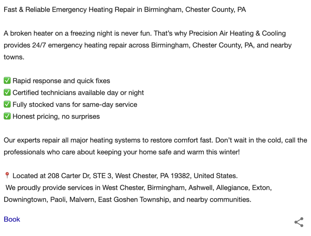 Google Business Profile post about emergency heating repair in Birmingham, Chester County, PA
