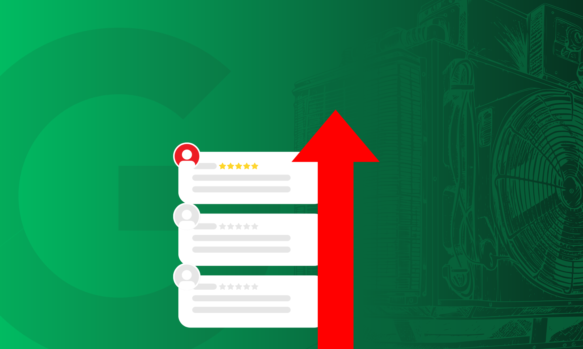 Graphic illustrating the impact of Google reviews on HVAC rankings, featuring customer review snippets with star ratings and an upward arrow symbolizing increased visibility, set against a green background and an HVAC unit sketch.