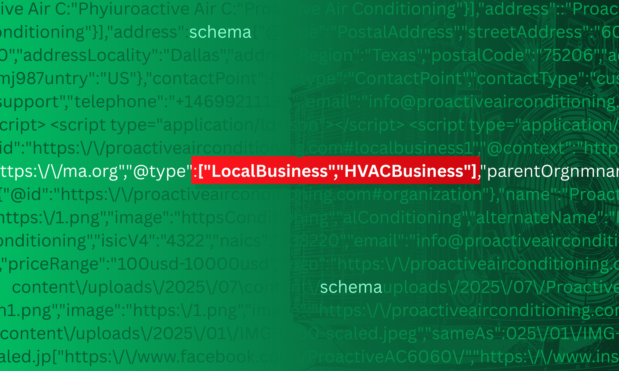 Schema markup for HVAC business with coding elements and air conditioning equipment background.