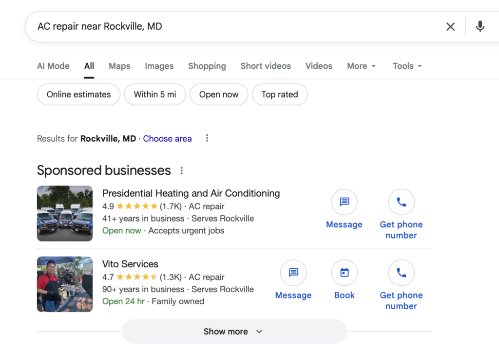 Sponsored Google search results for AC repair services in Rockville, MD, featuring business listings for Presidential Heating and Air Conditioning and Vito Services, including ratings and contact options.