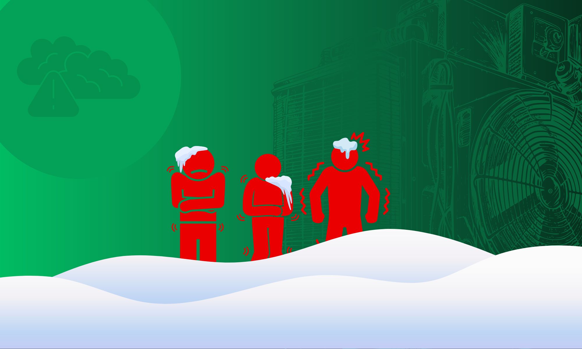 Three red figures shivering in snow, representing the impact of winter storms on individuals, with a green background and HVAC equipment illustration, emphasizing the importance of heating solutions during cold weather.