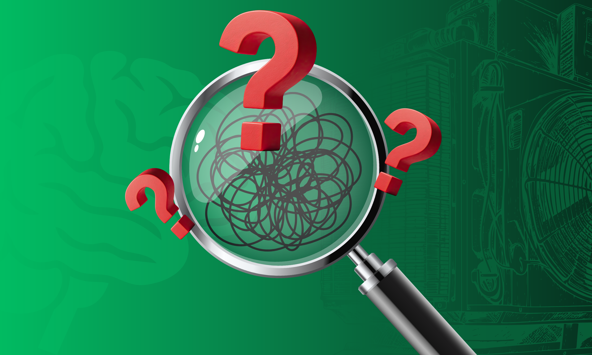 Magnifying glass focusing on tangled lines with red question marks, symbolizing confusion and inquiry, against a green background, representing HVAC marketing challenges and optimization strategies.