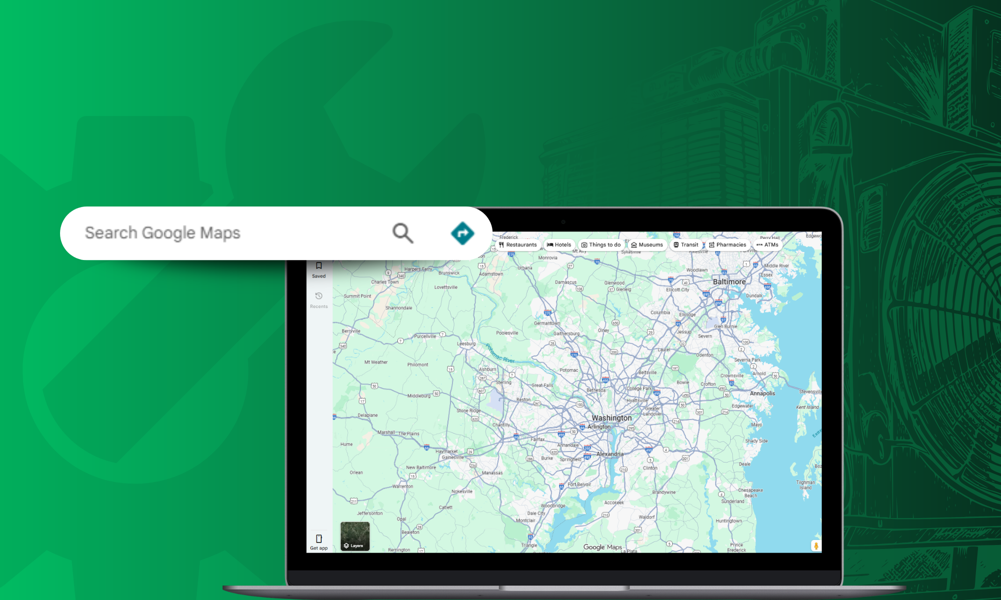 Laptop displaying Google Maps interface with a search bar, emphasizing local search visibility for HVAC services.