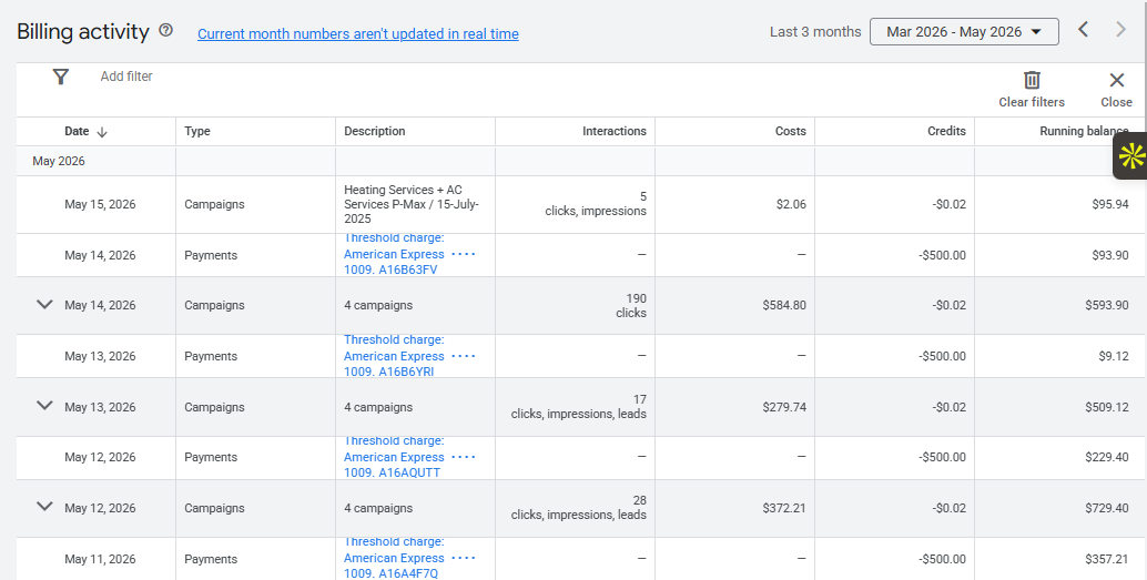 Google Ads billing activity log