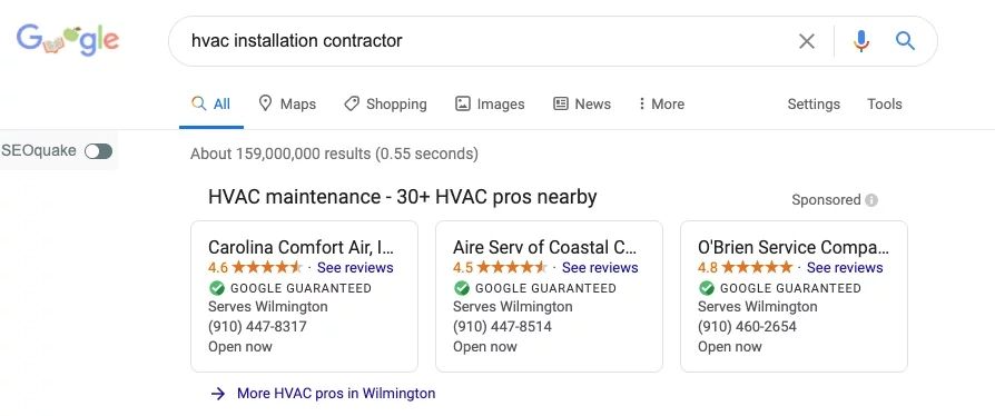 Google Local Services Ads result for HVAC installation contractor