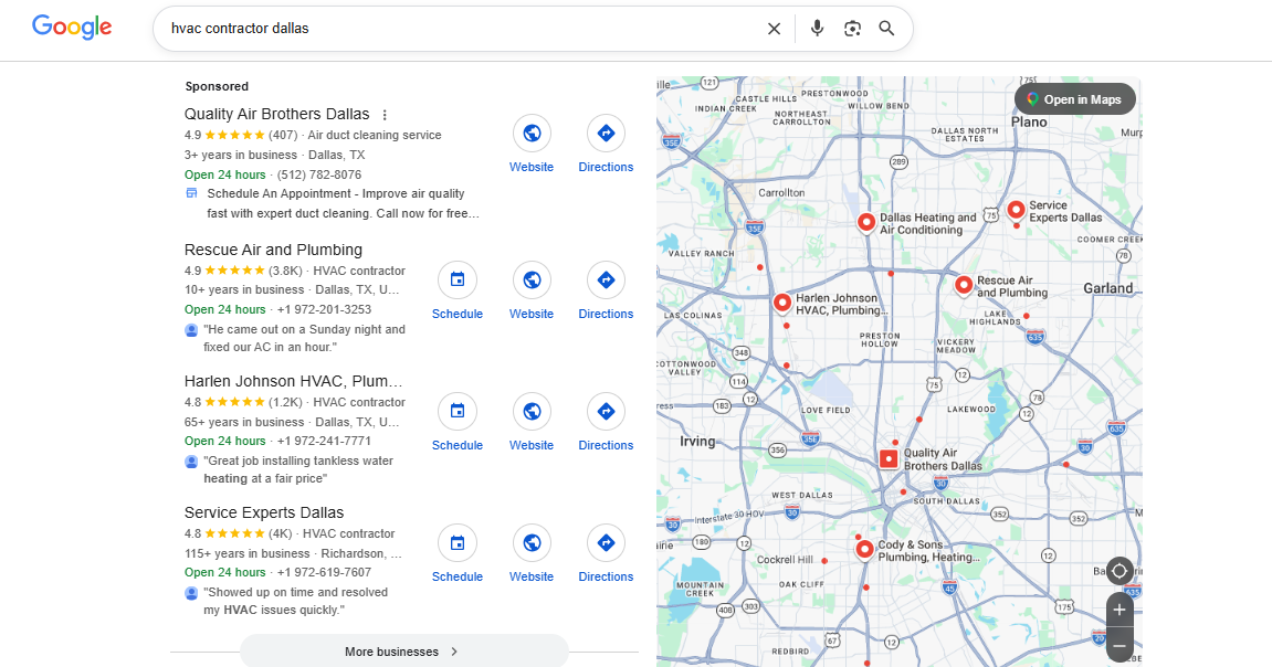 Google PPC search results for HVAC contractor Dallas with map