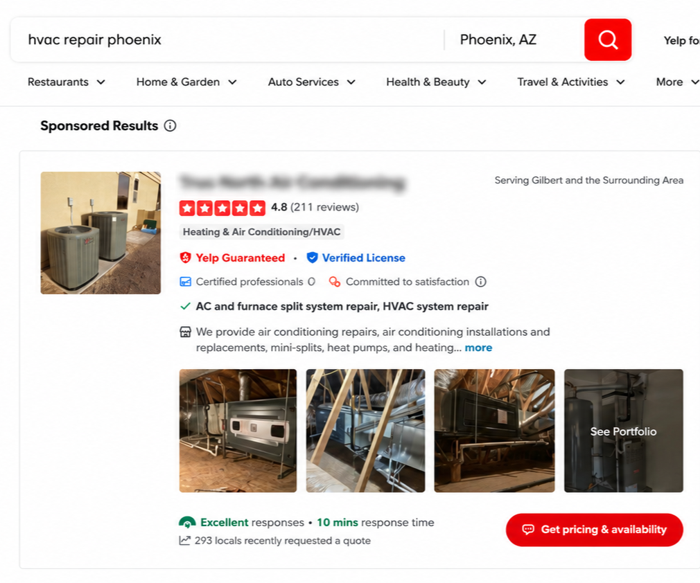 Yelp sponsored result for HVAC repair Phoenix