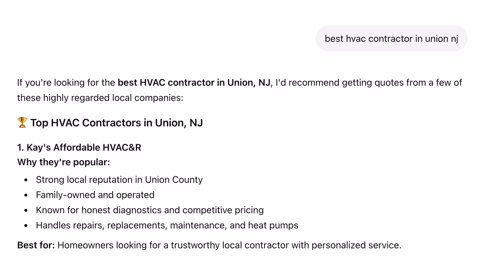 AI search recommendation for HVAC contractors in Union, NJ, highlighting top local companies.