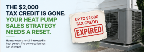 Banner reading "The $2,000 tax credit is gone. Your heat pump sales strategy needs a reset." beside a photo of an outdoor heat pump unit, with a torn paper notice stamped EXPIRED across the words "up to $2,000 tax credit."