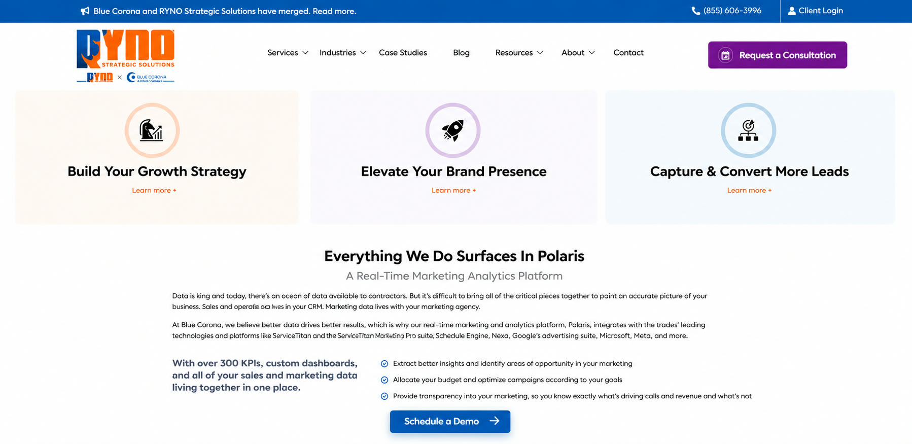 Screenshot of the Blue Corona and RYNO Strategic Solutions website. A banner across the top announces that Blue Corona and RYNO Strategic Solutions have merged, and the page below promotes Polaris, a real-time marketing analytics platform with over 300 KPIs, custom dashboards, and sales and marketing data living together in one place.